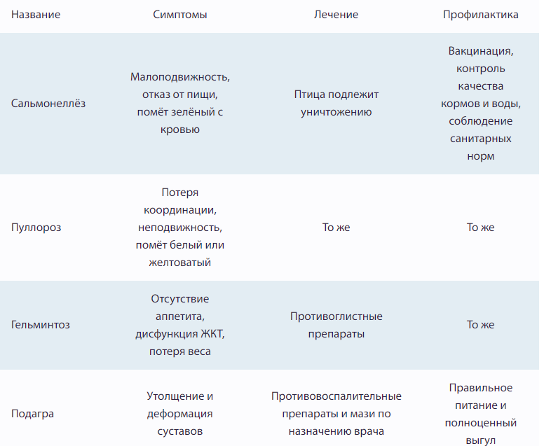 Таблица болезней цесарок