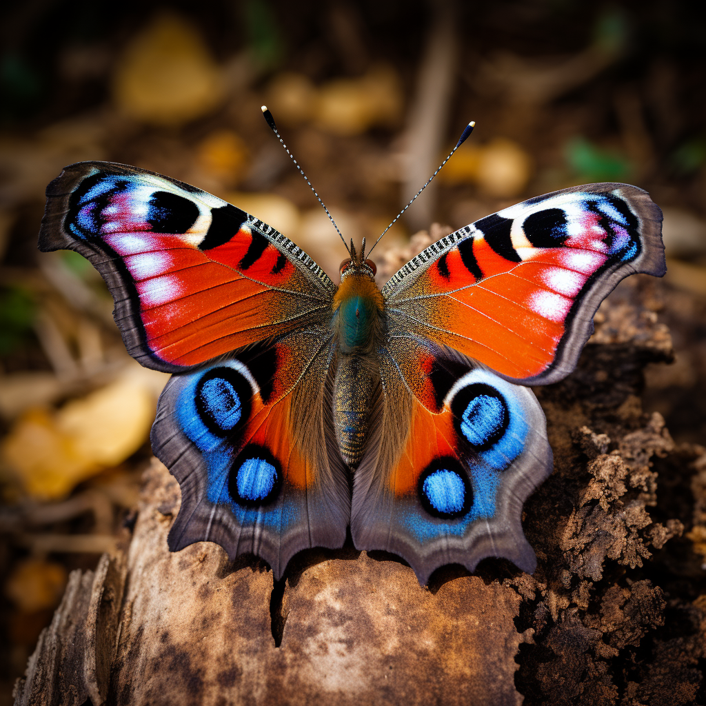 Красно-синяя бабочка сидит на дереве с раскрытыми крыльями