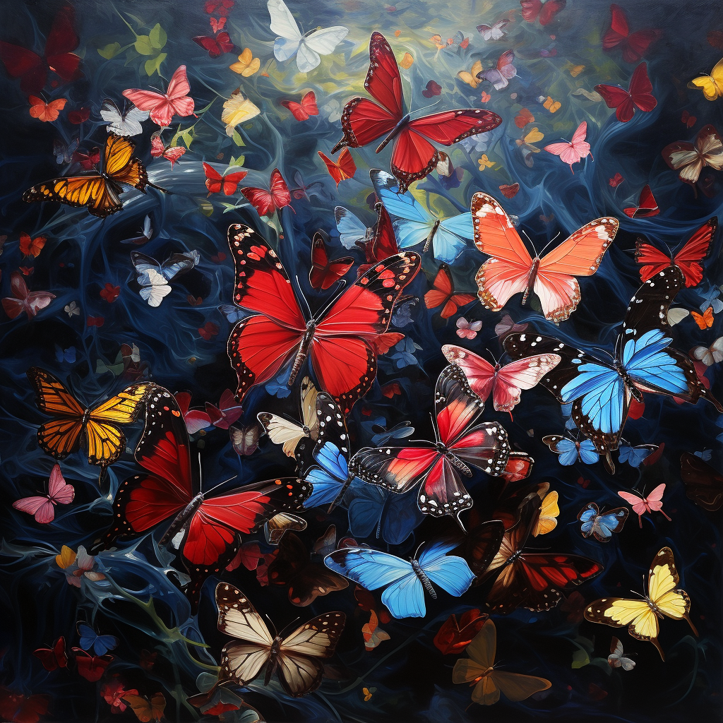 Рисунок летающих разноцветных бабочек на темном фоне